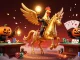 Experience thrilling wins at MM99 with a golden rooster riding through a vibrant casino scene.