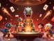 Play poker with uu88 as a brontosaurus towers above a vibrant casino scene