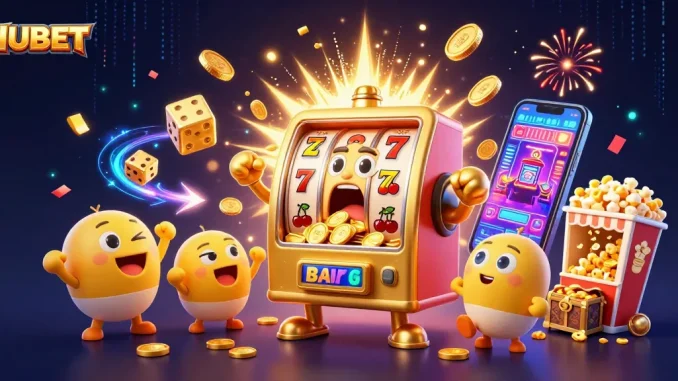 HUBET's golden slot machine celebrating a jackpot, surrounded by cheering machines and casino elements.