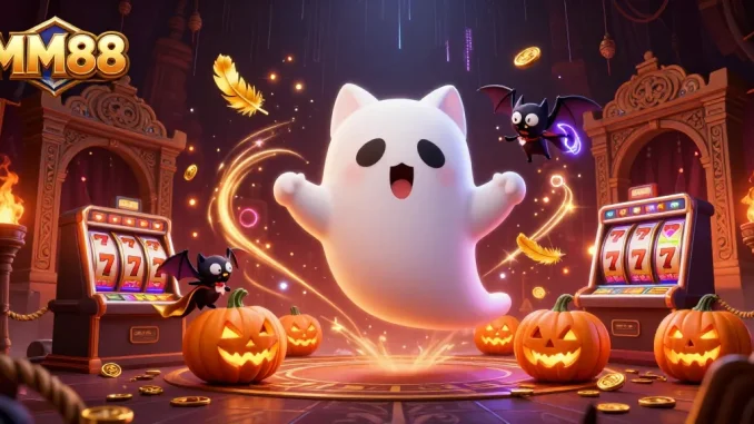 Explore the vibrant MM88 casino scene with the ghost cat and bat companions amidst glowing pumpkins.