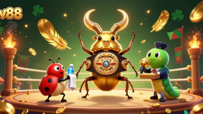 w88 engages in dynamic betting action with a giant golden stag beetle and its entourage in a lively gambling arena.