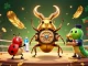 w88 engages in dynamic betting action with a giant golden stag beetle and its entourage in a lively gambling arena.