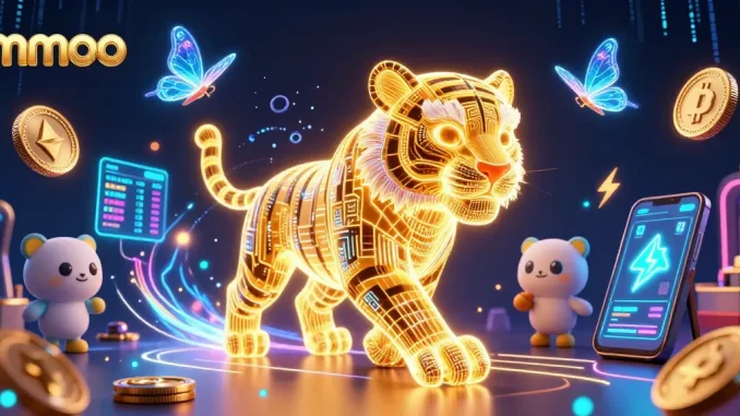 Experience the excitement of mmoo with a dazzling casino landscape featuring a golden tiger and digital currency elements.