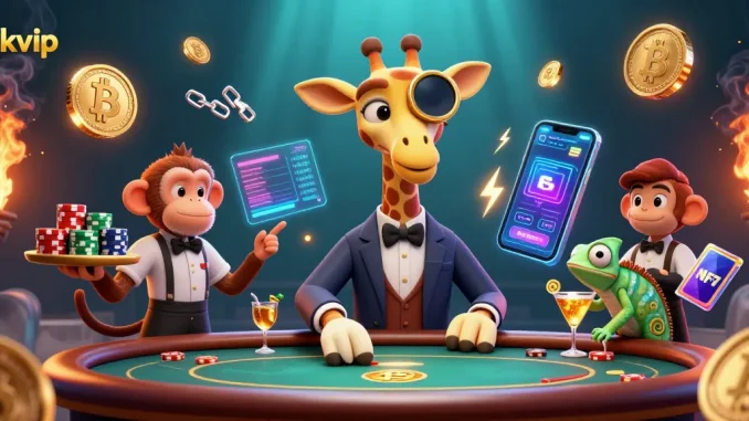 Experience the excitement at rikvip as a high-roller giraffe plays poker with a golden cocktail!